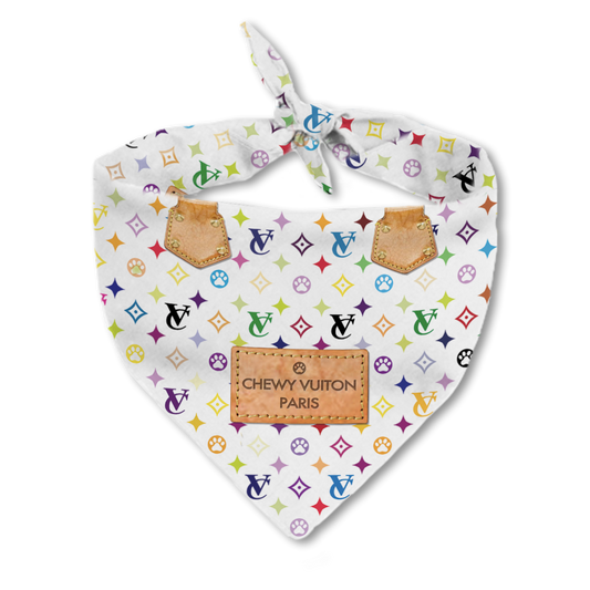 Chewy Vuiton white designer dog bandana with signature playful print, a Millionaire Mutt luxury accessory