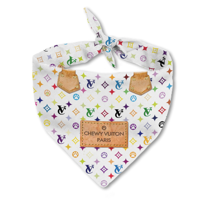 Chewy Vuiton white designer dog bandana with signature playful print, a Millionaire Mutt luxury accessory