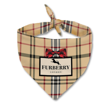 Luxury Furberry plaid dog bandana on a pampered pup, showcasing classic style by Millionaire Mutt